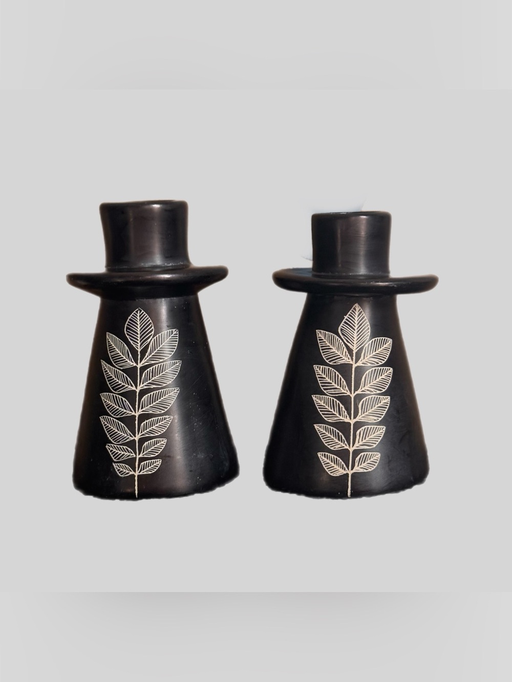 Vintage Hand Carved Kenyan Candle Holders Set Soapstone Taper Black Etched Leaf